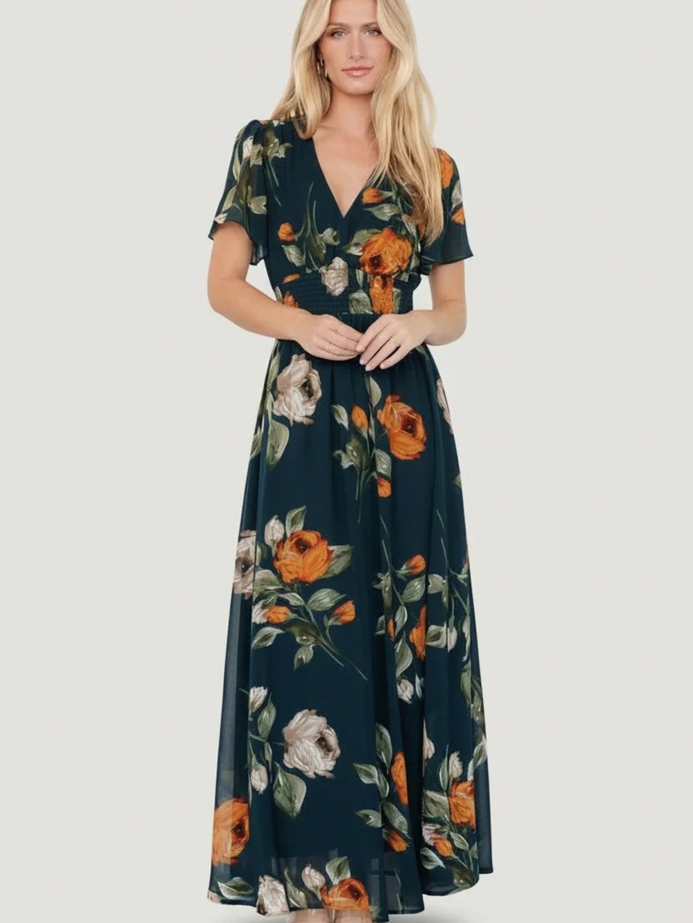 Baltic Born Navy Maxi Dress with Orange and Cream Floral Print